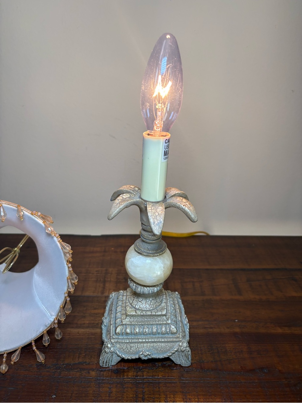 Vintage Style Accent Table Lamp / Gold Fabric Shade With Crystal Bead Drops - Picture 7 of 10